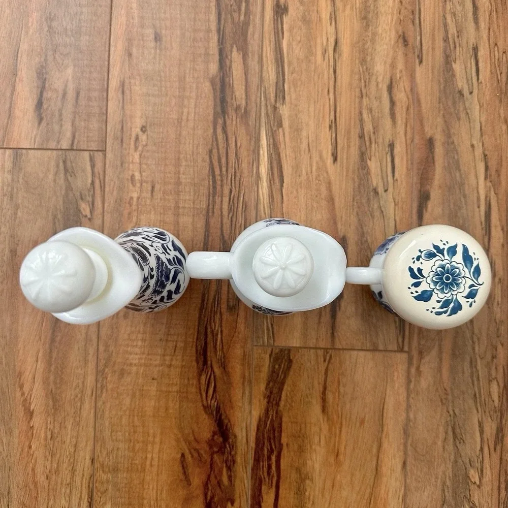 Vintage Avon Blue Floral White Glass 3‎ Pc Cruet Vanity Set w/ Stoppers